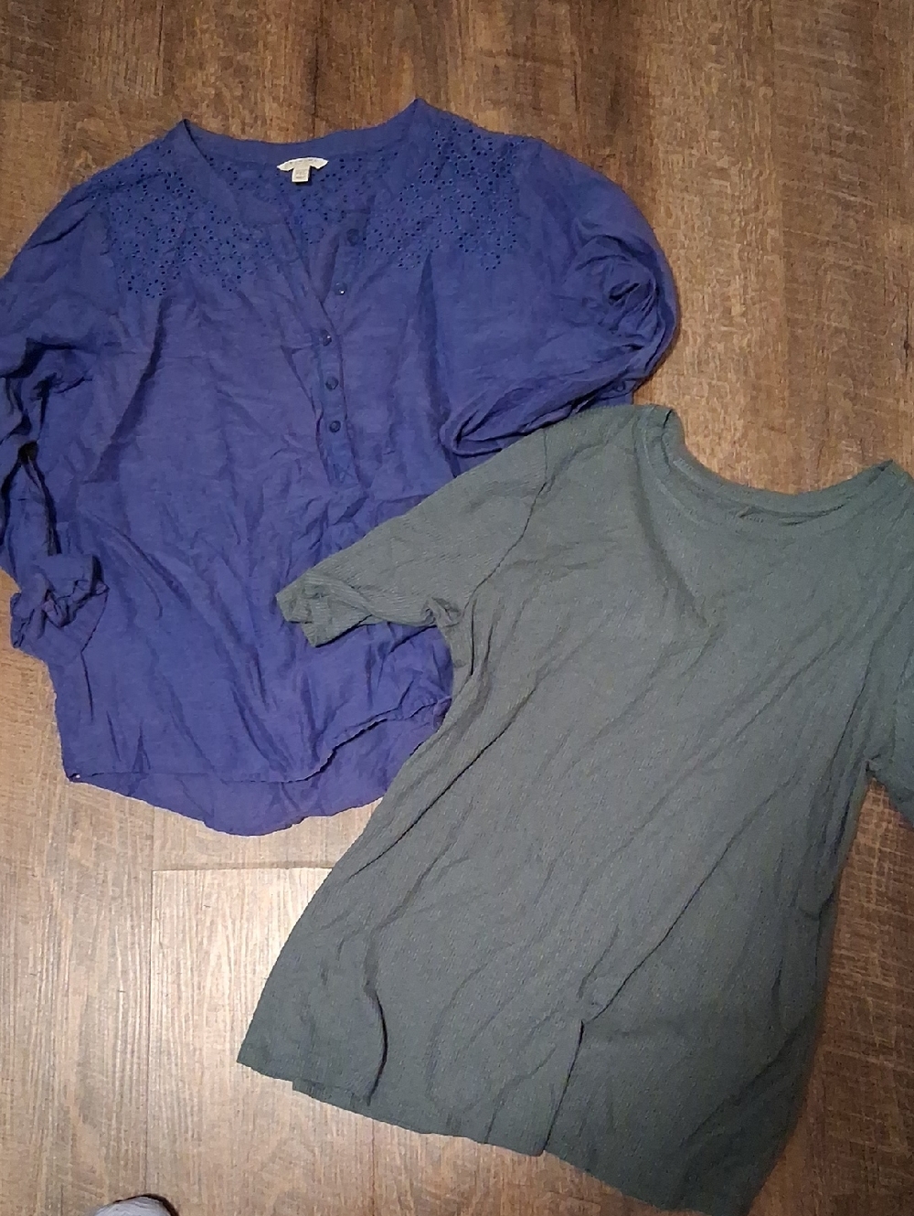 Blue Eyelet Yoke Blouse & Olive Green Tee Duo